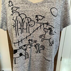 Marushka Hand-Printed "Farm Life" V-Neck Tee - L